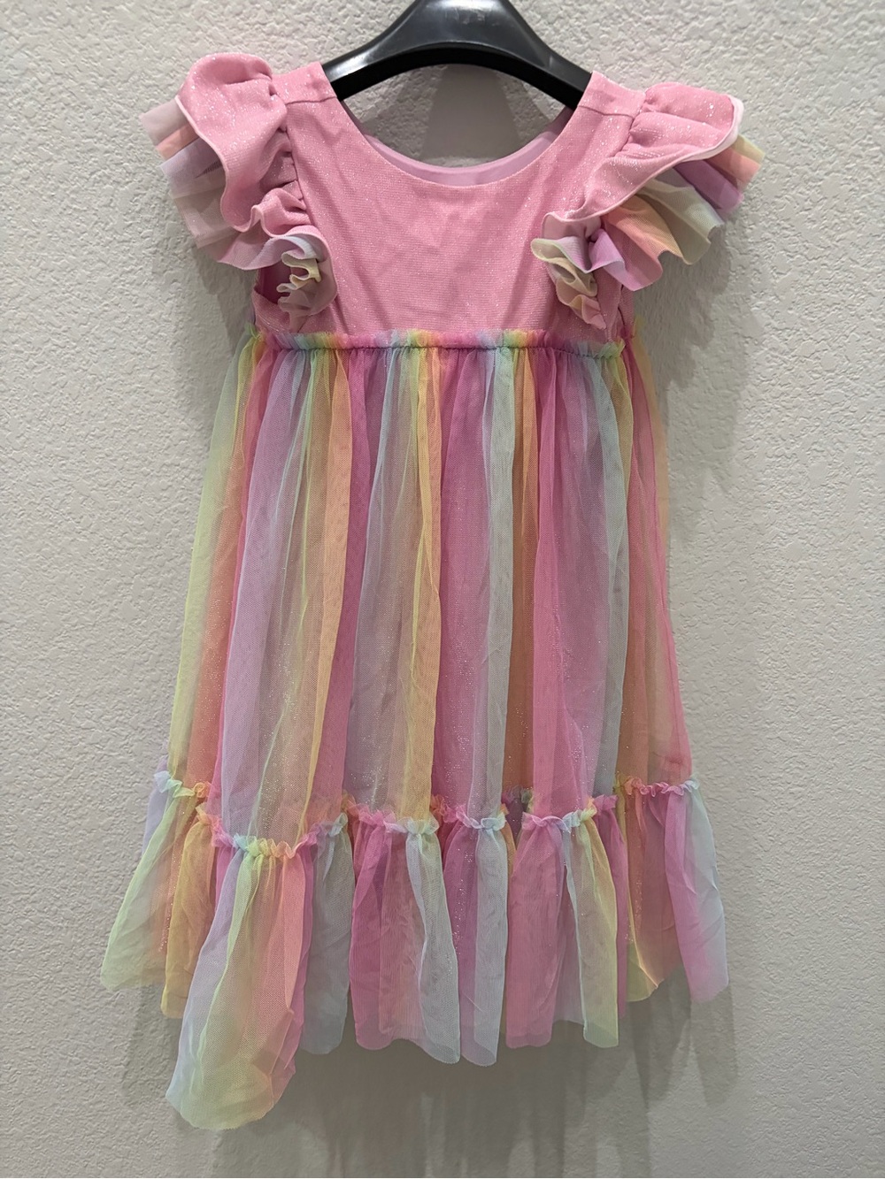 American Girl Pink Rainbow Tulle Ruffle Dress, Sz 6